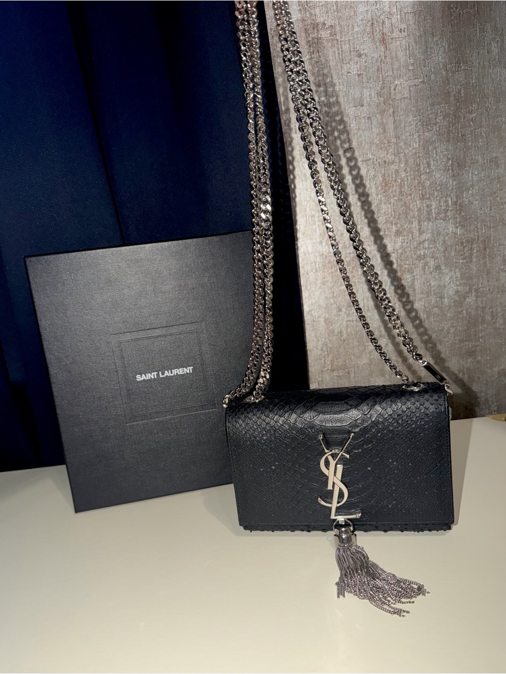 Saint Laurent Black Python Leather Monogram Crossbody with Tassel